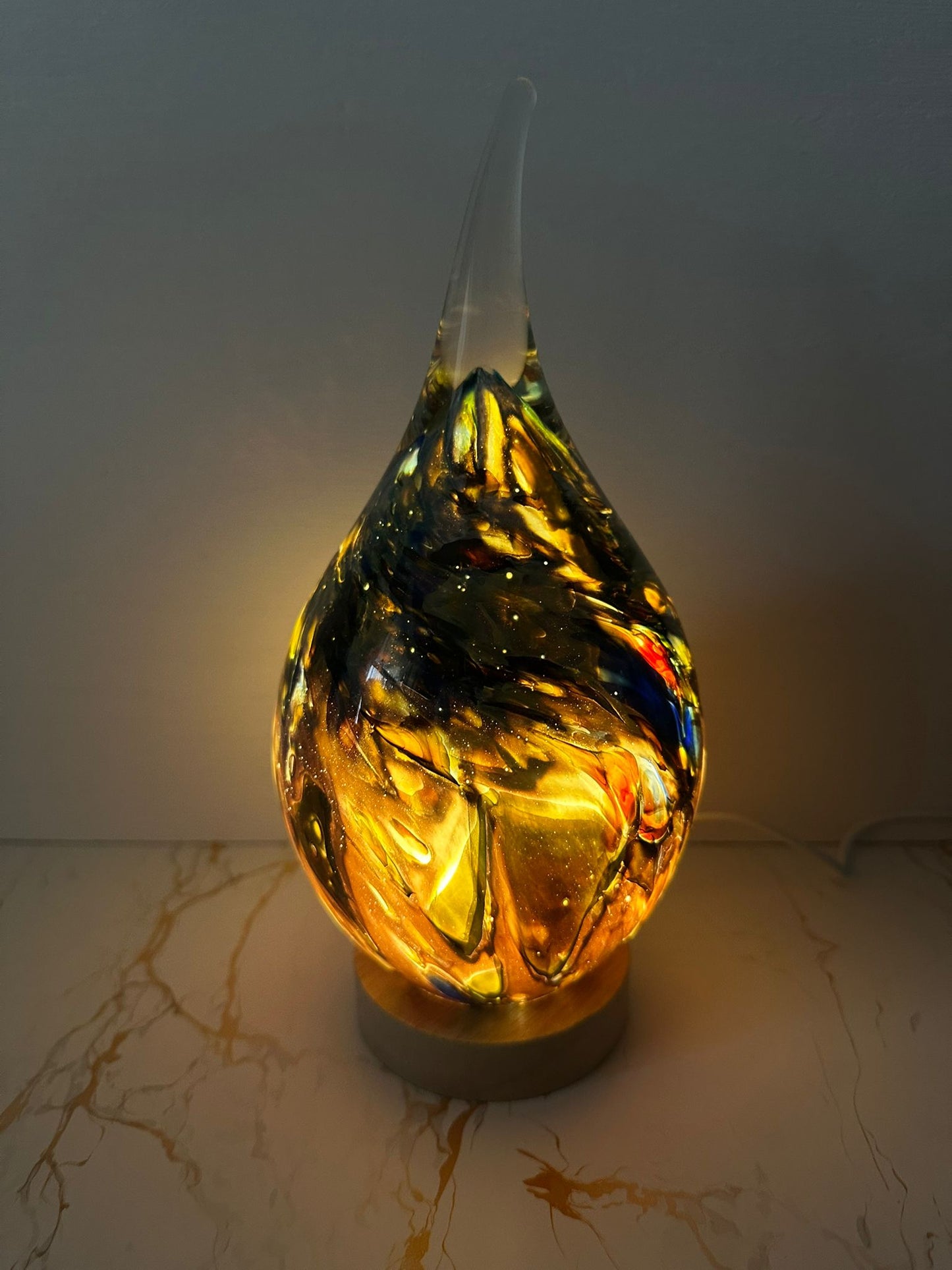 Handmade glass USB lamp in a colorful tear drop design a unique piece of art that fills your space with warmth and magical reflections
